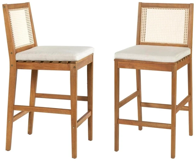Alt view image 3 of 7 - Hassyee Acacia Wood Patio Bar Stools w/Woven Plastic Rattan Back & Removable Seat Cushion for Garden, All Weather Indoor Outdoor Pub Chairs w/Solid Wood Frame for Bistro, Deck, Porch (Set of 2)