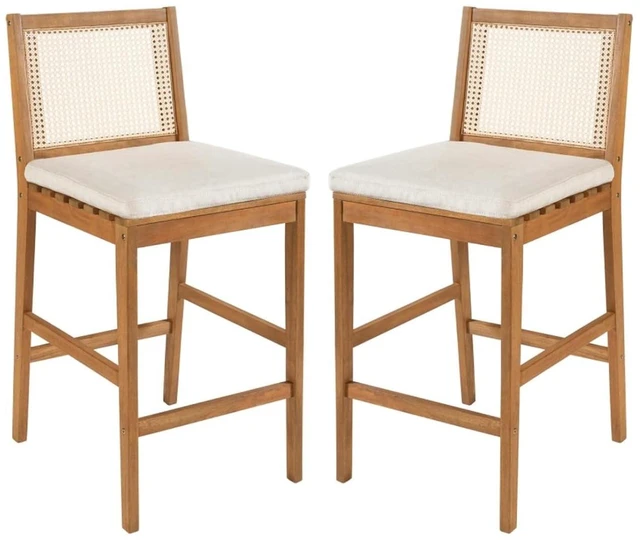 Alt view image 4 of 7 - Hassyee Acacia Wood Patio Bar Stools w/Woven Plastic Rattan Back & Removable Seat Cushion for Garden, All Weather Indoor Outdoor Pub Chairs w/Solid Wood Frame for Bistro, Deck, Porch (Set of 2)