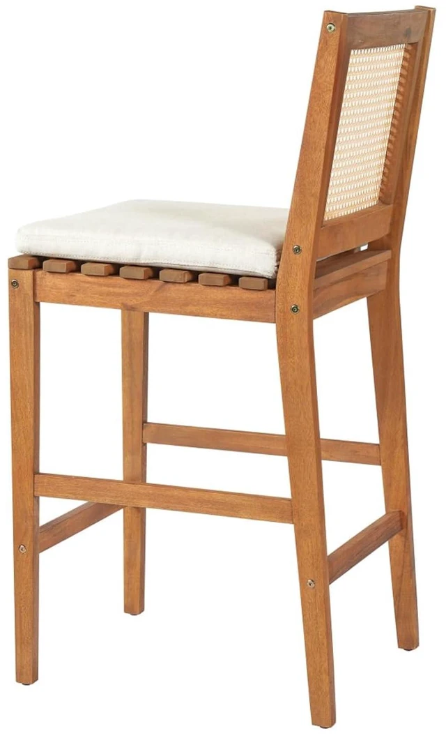 Alt view image 7 of 7 - Hassyee Acacia Wood Patio Bar Stools w/Woven Plastic Rattan Back & Removable Seat Cushion for Garden, All Weather Indoor Outdoor Pub Chairs w/Solid Wood Frame for Bistro, Deck, Porch (Set of 2)