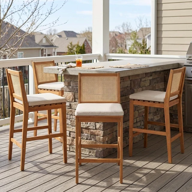 Main image of Hassyee Acacia Wood Patio Bar Stools w/Woven Plastic Rattan Back & Removable Seat Cushion for Garden, All Weather Indoor Outdoor Pub Chairs w/Solid Wood Frame for Bistro, Deck, Porch (Set of 4)