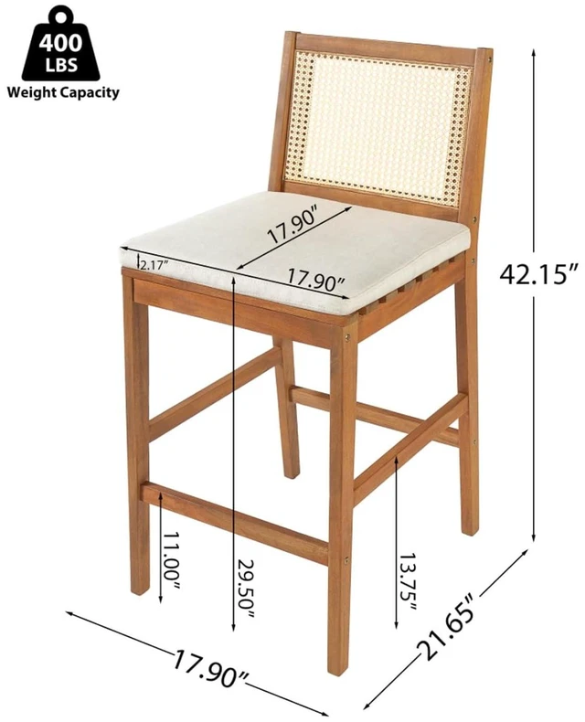 Alt view image 2 of 7 - Hassyee Acacia Wood Patio Bar Stools w/Woven Plastic Rattan Back & Removable Seat Cushion for Garden, All Weather Indoor Outdoor Pub Chairs w/Solid Wood Frame for Bistro, Deck, Porch (Set of 2)