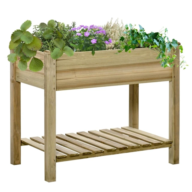 Alt view image 2 of 7 - Hassyee Elevated Raised Garden Bed with Storage Shelf and Drainage Holes for Growing Herbs, Plants, Flowers, Outdoor Wooden Planter Box with Legs for Park, Lawn, Backyard