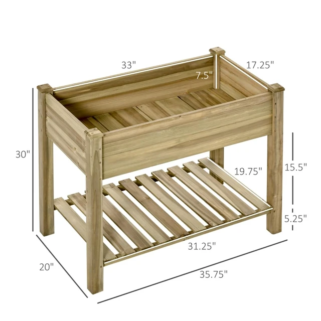 Alt view image 3 of 7 - Hassyee Elevated Raised Garden Bed with Storage Shelf and Drainage Holes for Growing Herbs, Plants, Flowers, Outdoor Wooden Planter Box with Legs for Park, Lawn, Backyard