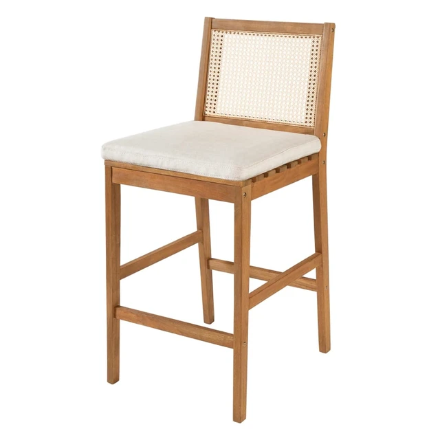 Alt view image 5 of 7 - Hassyee Acacia Wood Patio Bar Stools w/Woven Plastic Rattan Back & Removable Seat Cushion for Garden, All Weather Indoor Outdoor Pub Chairs w/Solid Wood Frame for Bistro, Deck, Porch (Set of 2)