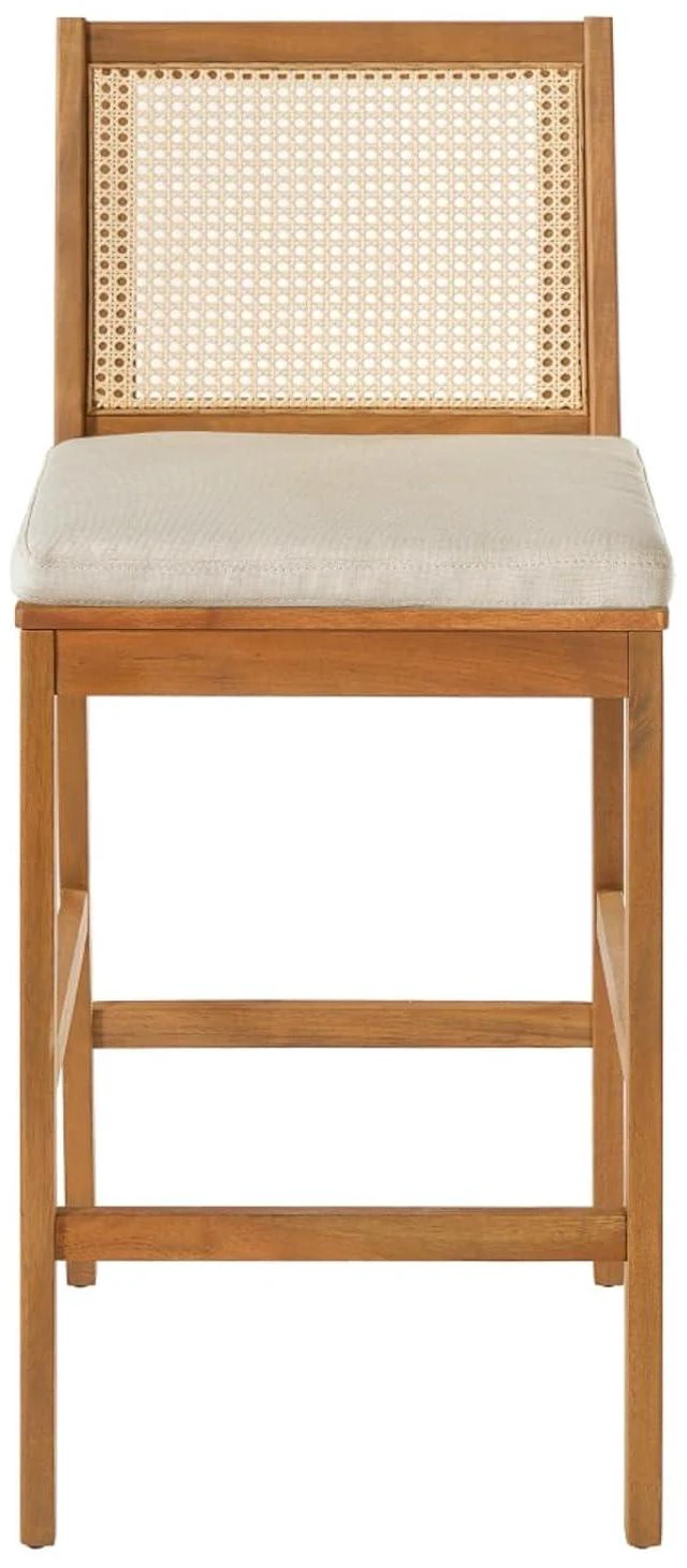 Alt view image 6 of 7 - Hassyee Acacia Wood Patio Bar Stools w/Woven Plastic Rattan Back & Removable Seat Cushion for Garden, All Weather Indoor Outdoor Pub Chairs w/Solid Wood Frame for Bistro, Deck, Porch (Set of 2)