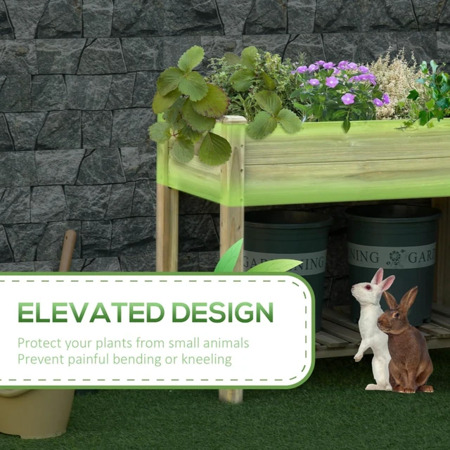 Alt view image 4 of 7 - Hassyee Elevated Raised Garden Bed with Storage Shelf and Drainage Holes for Growing Herbs, Plants, Flowers, Outdoor Wooden Planter Box with Legs for Park, Lawn, Backyard