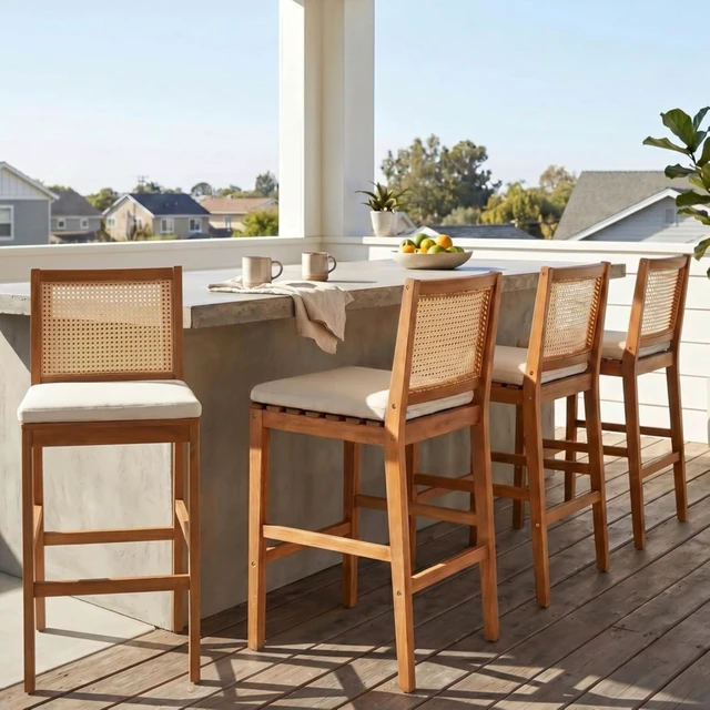 Alt view image 3 of 7 - Hassyee Acacia Wood Patio Bar Stools w/Woven Plastic Rattan Back & Removable Seat Cushion for Garden, All Weather Indoor Outdoor Pub Chairs w/Solid Wood Frame for Bistro, Deck, Porch (Set of 4)