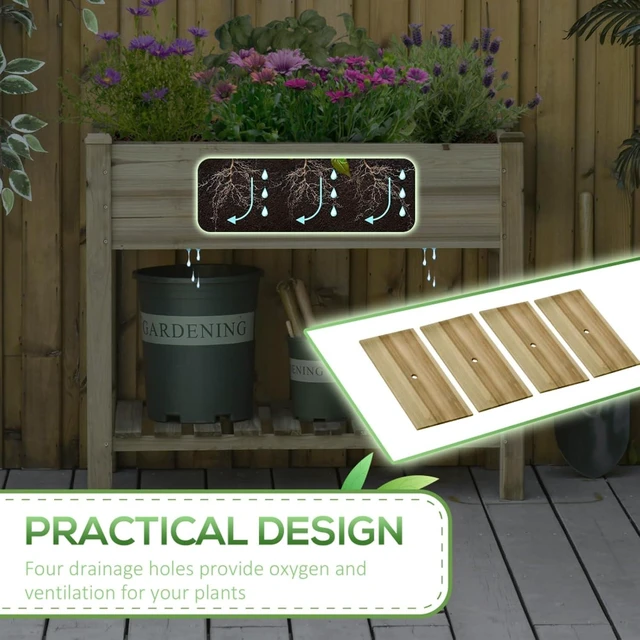 Alt view image 6 of 7 - Hassyee Elevated Raised Garden Bed with Storage Shelf and Drainage Holes for Growing Herbs, Plants, Flowers, Outdoor Wooden Planter Box with Legs for Park, Lawn, Backyard