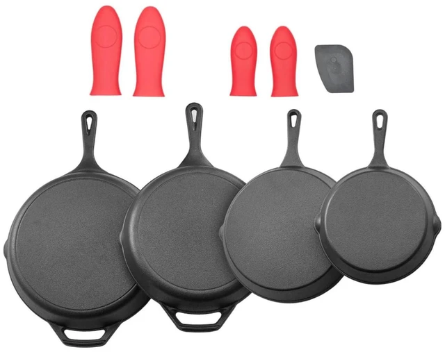 Alt view image 2 of 7 - 4-Piece Frying Pan Set with Heat-Insulating Sleeve Handles and Natural Oil Coating for All Stovetop Use, Durable Cast Iron Skillet with Oven-Safe Build and Scratch-Fighting Surface for Home Cooking