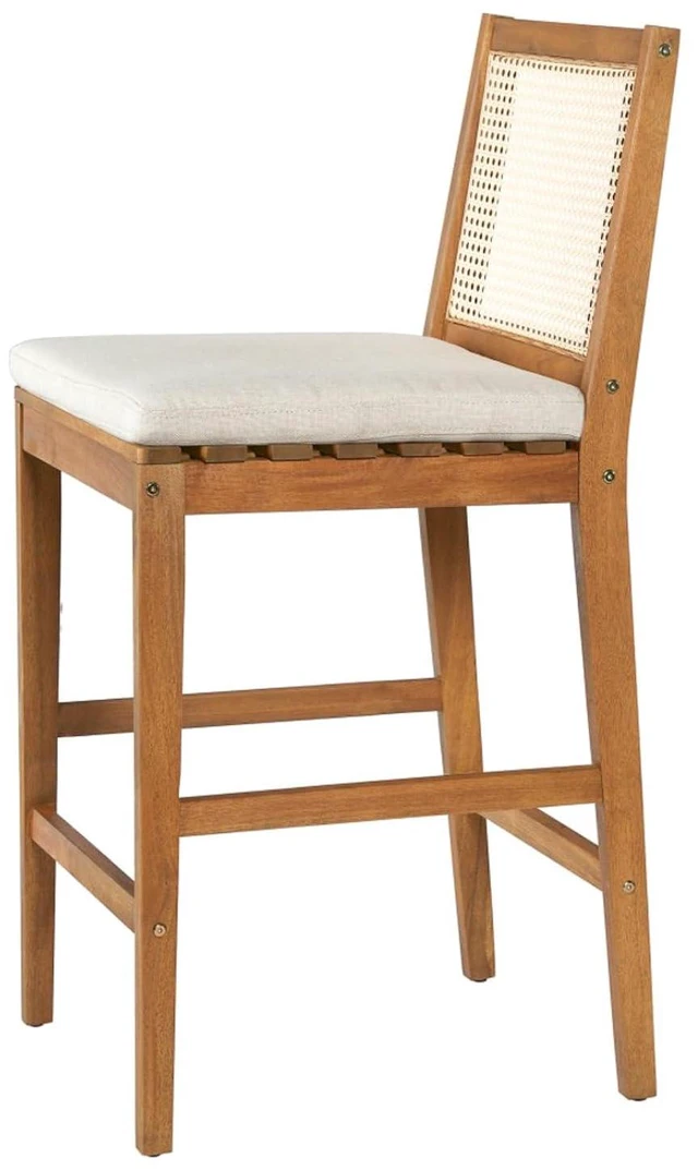 Alt view image 6 of 7 - Hassyee Acacia Wood Patio Bar Stools w/Woven Plastic Rattan Back & Removable Seat Cushion for Garden, All Weather Indoor Outdoor Pub Chairs w/Solid Wood Frame for Bistro, Deck, Porch (Set of 4)