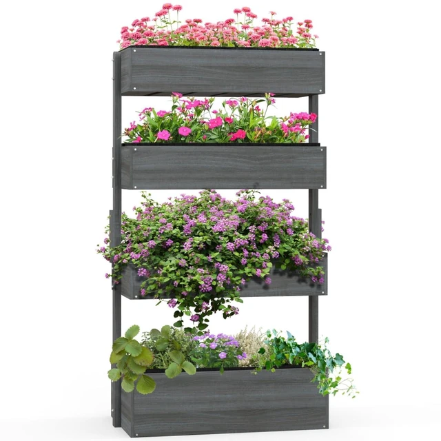 Alt view image 2 of 7 - Hassyee Vertical Raised Garden Bed with Non-Woven Fabric Bed Liner and Drainage Slits for Backyard, Lawn, 4 Tier Wooden Planter Box with Fir Wood Frame for Growing Flowers, Plants