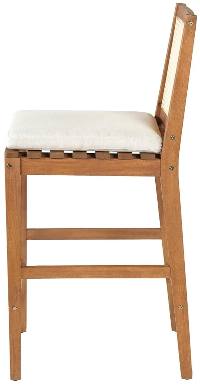 Alt view image 7 of 7 - Hassyee Acacia Wood Patio Bar Stools w/Woven Plastic Rattan Back & Removable Seat Cushion for Garden, All Weather Indoor Outdoor Pub Chairs w/Solid Wood Frame for Bistro, Deck, Porch (Set of 4)