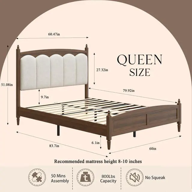 Alt view image 2 of 7 - King/Queen Size Platform Bed Frame with Upholstered Headboard and Footboard, Mid-Century Panel Bedframe Mattress Base with Wood Slat Support for Master Bedroom Guest Room Apartment (Brown Queen)