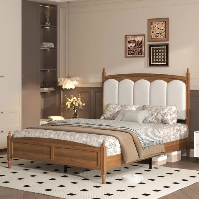 Main image of King/Queen Size Platform Bed Frame with Upholstered Headboard and Footboard, Mid-Century Panel Bedframe Mattress Base with Wood Slat Support for Master Bedroom Guest Room Apartment (Brown Queen)
