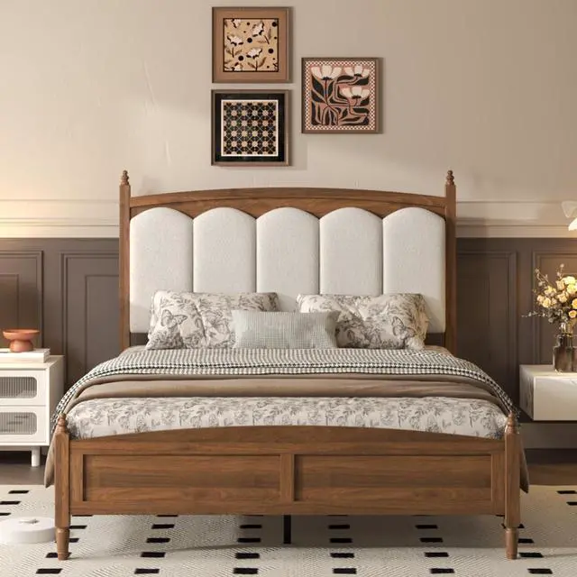 Alt view image 3 of 7 - King/Queen Size Platform Bed Frame with Upholstered Headboard and Footboard, Mid-Century Panel Bedframe Mattress Base with Wood Slat Support for Master Bedroom Guest Room Apartment (Brown Queen)