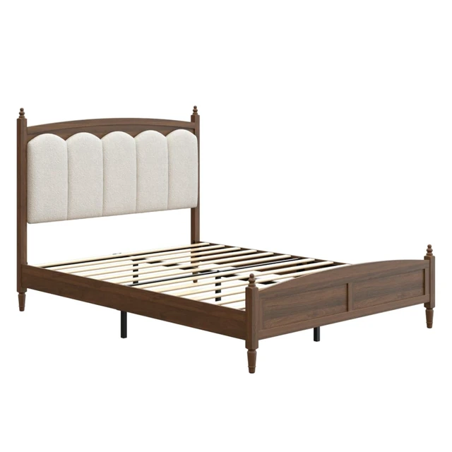 Alt view image 6 of 7 - King/Queen Size Platform Bed Frame with Upholstered Headboard and Footboard, Mid-Century Panel Bedframe Mattress Base with Wood Slat Support for Master Bedroom Guest Room Apartment (Brown Queen)