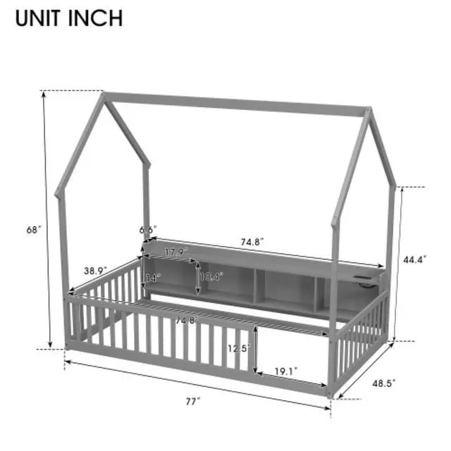 Alt view image 2 of 7 - Hassyee Twin/Full Size House Floor Bed with Storage Shelves, Built-in LED Lights & Charging Station, Cabin Bed with Roof Design and Safety Guardrails for Boys Girls Bedroom Guest Playroom (Grey Twin)