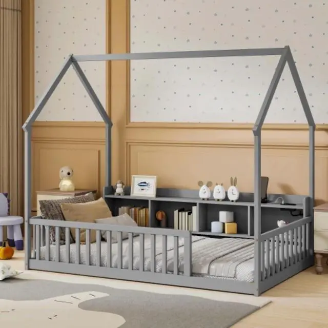 Alt view image 3 of 7 - Hassyee Twin/Full Size House Floor Bed with Storage Shelves, Built-in LED Lights & Charging Station, Cabin Bed with Roof Design and Safety Guardrails for Boys Girls Bedroom Guest Playroom (Grey Twin)