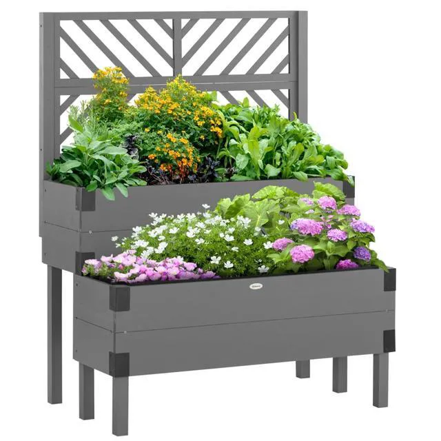 Alt view image 2 of 7 - 2 Tier Raised Garden Bed with Lattice Trellis and Legs for Growing Flowers, Plants, Vegetables, Outdoor Wooden Planter Box with Drainage Holes and Non-woven Fabric Bed Liner for Backyard, Lawn