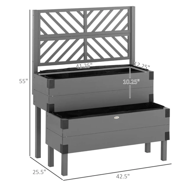 Alt view image 3 of 7 - 2 Tier Raised Garden Bed with Lattice Trellis and Legs for Growing Flowers, Plants, Vegetables, Outdoor Wooden Planter Box with Drainage Holes and Non-woven Fabric Bed Liner for Backyard, Lawn