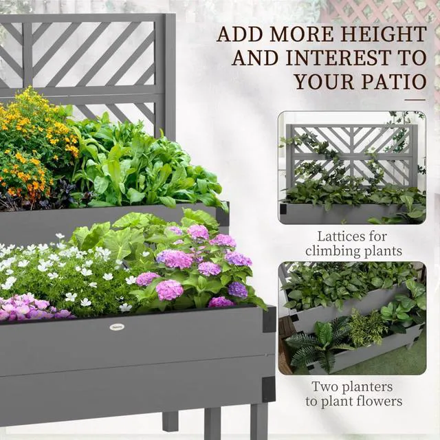 Alt view image 4 of 7 - 2 Tier Raised Garden Bed with Lattice Trellis and Legs for Growing Flowers, Plants, Vegetables, Outdoor Wooden Planter Box with Drainage Holes and Non-woven Fabric Bed Liner for Backyard, Lawn