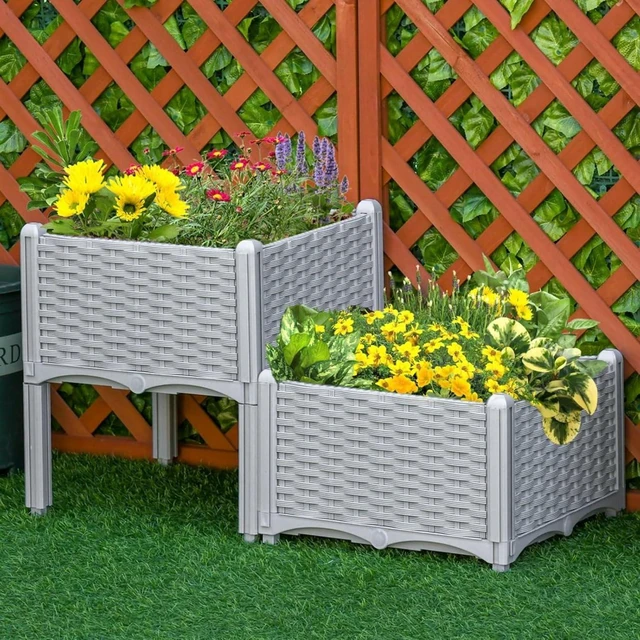Main image of Hassyee 2 Pieces Raised Garden Bed with Legs and Self-Watering Disk for Growing Flowers, Plants, Outdoor Plastic Planter Box with Drainage Holes and Rattan-Like Look for Backyard, Lawn