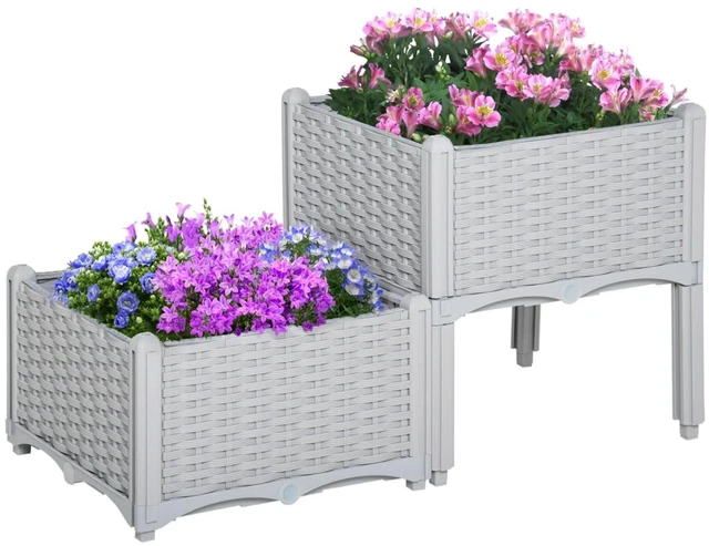 Alt view image 2 of 7 - Hassyee 2 Pieces Raised Garden Bed with Legs and Self-Watering Disk for Growing Flowers, Plants, Outdoor Plastic Planter Box with Drainage Holes and Rattan-Like Look for Backyard, Lawn