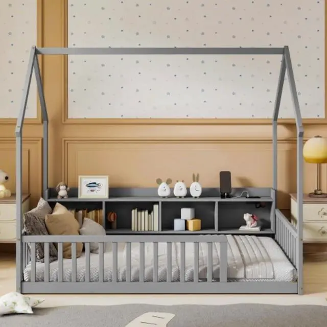Alt view image 4 of 7 - Hassyee Twin/Full Size House Floor Bed with Storage Shelves, Built-in LED Lights & Charging Station, Cabin Bed with Roof Design and Safety Guardrails for Boys Girls Bedroom Guest Playroom (Grey Twin)