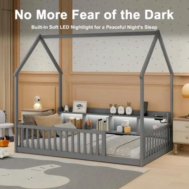 Alt view image 5 of 7 - Hassyee Twin/Full Size House Floor Bed with Storage Shelves, Built-in LED Lights & Charging Station, Cabin Bed with Roof Design and Safety Guardrails for Boys Girls Bedroom Guest Playroom (Grey Twin)