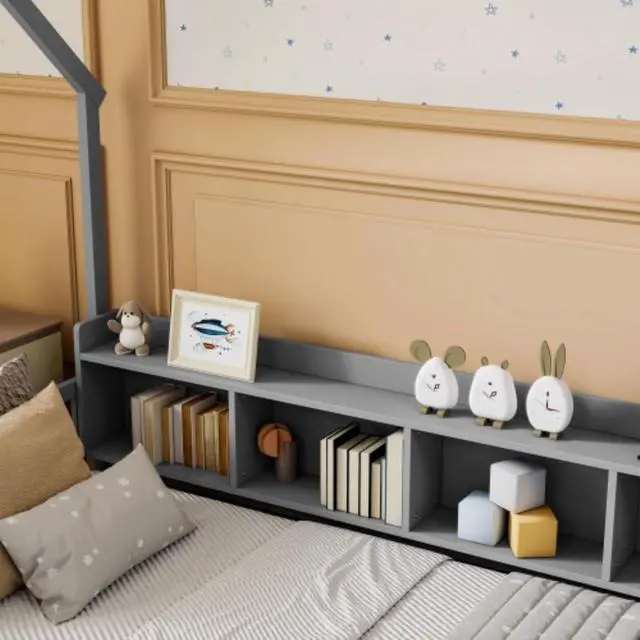Alt view image 6 of 7 - Hassyee Twin/Full Size House Floor Bed with Storage Shelves, Built-in LED Lights & Charging Station, Cabin Bed with Roof Design and Safety Guardrails for Boys Girls Bedroom Guest Playroom (Grey Twin)