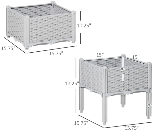 Alt view image 3 of 7 - Hassyee 2 Pieces Raised Garden Bed with Legs and Self-Watering Disk for Growing Flowers, Plants, Outdoor Plastic Planter Box with Drainage Holes and Rattan-Like Look for Backyard, Lawn