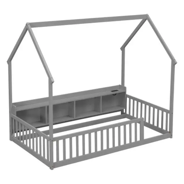 Alt view image 7 of 7 - Hassyee Twin/Full Size House Floor Bed with Storage Shelves, Built-in LED Lights & Charging Station, Cabin Bed with Roof Design and Safety Guardrails for Boys Girls Bedroom Guest Playroom (Grey Twin)