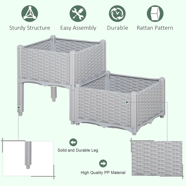 Alt view image 4 of 7 - Hassyee 2 Pieces Raised Garden Bed with Legs and Self-Watering Disk for Growing Flowers, Plants, Outdoor Plastic Planter Box with Drainage Holes and Rattan-Like Look for Backyard, Lawn
