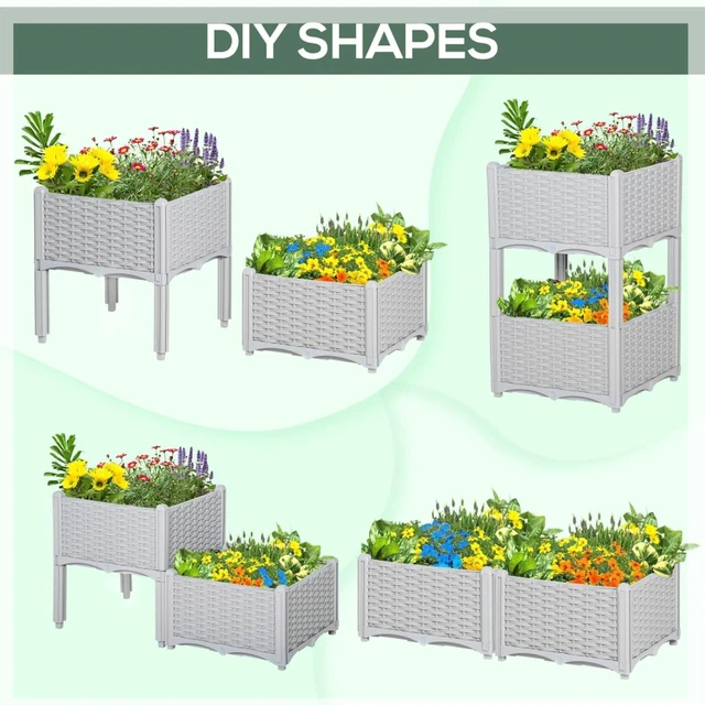 Alt view image 5 of 7 - Hassyee 2 Pieces Raised Garden Bed with Legs and Self-Watering Disk for Growing Flowers, Plants, Outdoor Plastic Planter Box with Drainage Holes and Rattan-Like Look for Backyard, Lawn