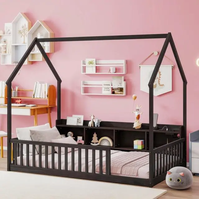 Main image of Twin/Full Size House Floor Bed with Storage Shelves, Built-in LED Lights & Charging Station, Cabin Bed with Roof Design and Safety Guardrails for Boys Girls Bedroom Guest Playroom (Espresso Twin)