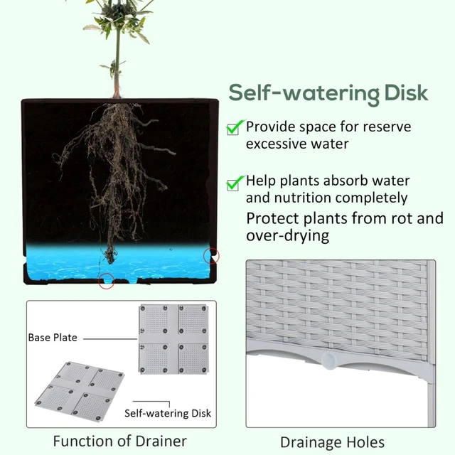Alt view image 6 of 7 - Hassyee 2 Pieces Raised Garden Bed with Legs and Self-Watering Disk for Growing Flowers, Plants, Outdoor Plastic Planter Box with Drainage Holes and Rattan-Like Look for Backyard, Lawn