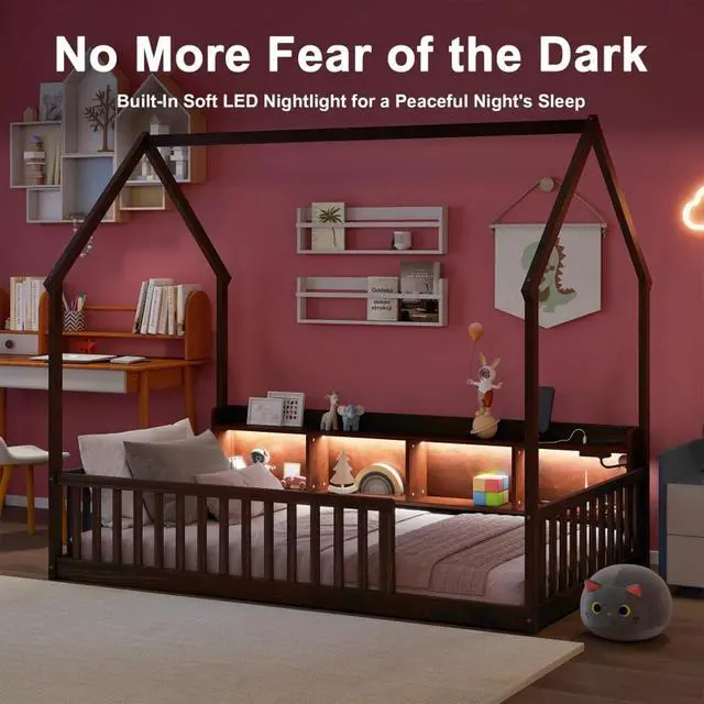 Alt view image 2 of 7 - Twin/Full Size House Floor Bed with Storage Shelves, Built-in LED Lights & Charging Station, Cabin Bed with Roof Design and Safety Guardrails for Boys Girls Bedroom Guest Playroom (Espresso Twin)