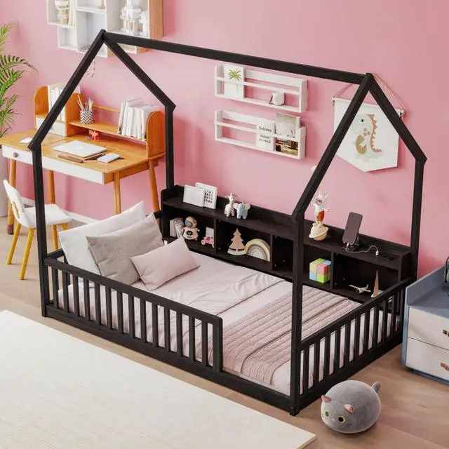 Alt view image 3 of 7 - Twin/Full Size House Floor Bed with Storage Shelves, Built-in LED Lights & Charging Station, Cabin Bed with Roof Design and Safety Guardrails for Boys Girls Bedroom Guest Playroom (Espresso Twin)