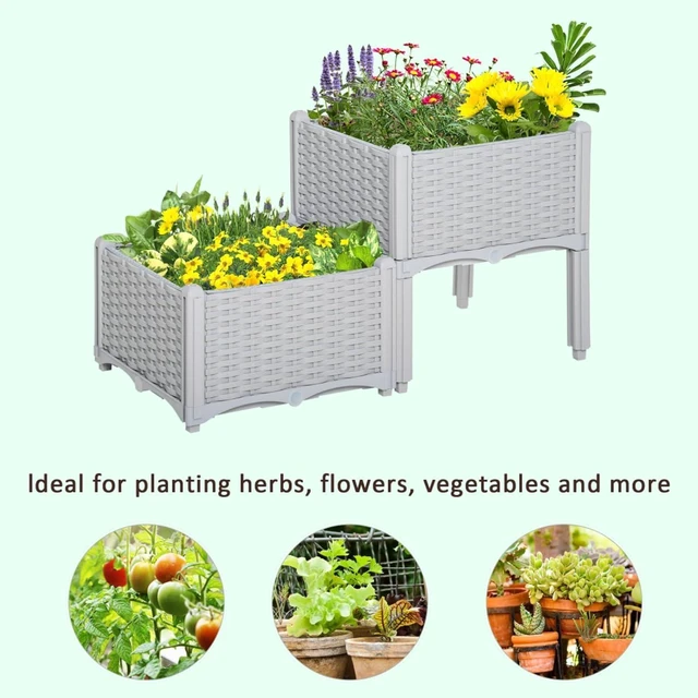 Alt view image 7 of 7 - Hassyee 2 Pieces Raised Garden Bed with Legs and Self-Watering Disk for Growing Flowers, Plants, Outdoor Plastic Planter Box with Drainage Holes and Rattan-Like Look for Backyard, Lawn