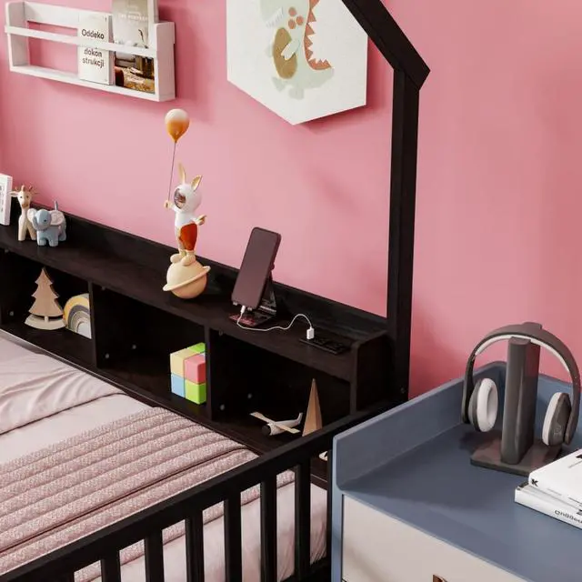 Alt view image 4 of 7 - Twin/Full Size House Floor Bed with Storage Shelves, Built-in LED Lights & Charging Station, Cabin Bed with Roof Design and Safety Guardrails for Boys Girls Bedroom Guest Playroom (Espresso Twin)