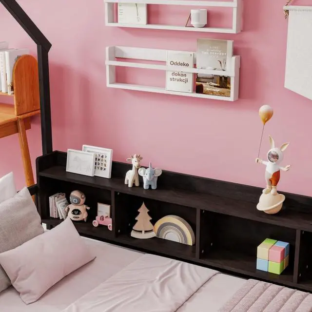 Alt view image 5 of 7 - Twin/Full Size House Floor Bed with Storage Shelves, Built-in LED Lights & Charging Station, Cabin Bed with Roof Design and Safety Guardrails for Boys Girls Bedroom Guest Playroom (Espresso Twin)