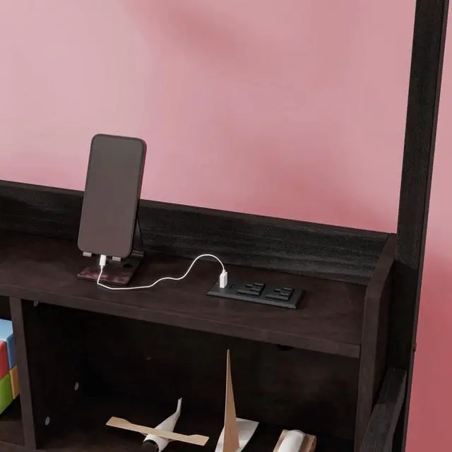 Alt view image 6 of 7 - Twin/Full Size House Floor Bed with Storage Shelves, Built-in LED Lights & Charging Station, Cabin Bed with Roof Design and Safety Guardrails for Boys Girls Bedroom Guest Playroom (Espresso Twin)