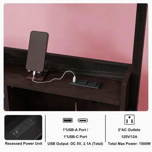Alt view image 7 of 7 - Twin/Full Size House Floor Bed with Storage Shelves, Built-in LED Lights & Charging Station, Cabin Bed with Roof Design and Safety Guardrails for Boys Girls Bedroom Guest Playroom (Espresso Twin)