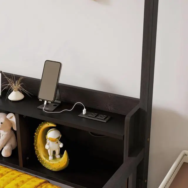 Alt view image 4 of 7 - Twin/Full Size House Floor Bed with Storage Shelves, Built-in LED Lights & Charging Station, Cabin Bed with Roof Design and Safety Guardrails for Boys Girls Bedroom Guest Playroom (Espresso Full)