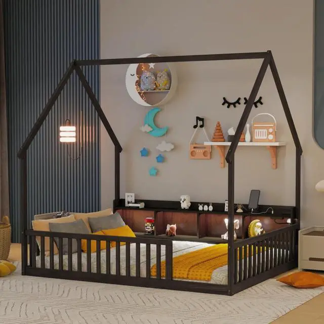 Alt view image 2 of 7 - Twin/Full Size House Floor Bed with Storage Shelves, Built-in LED Lights & Charging Station, Cabin Bed with Roof Design and Safety Guardrails for Boys Girls Bedroom Guest Playroom (Espresso Full)