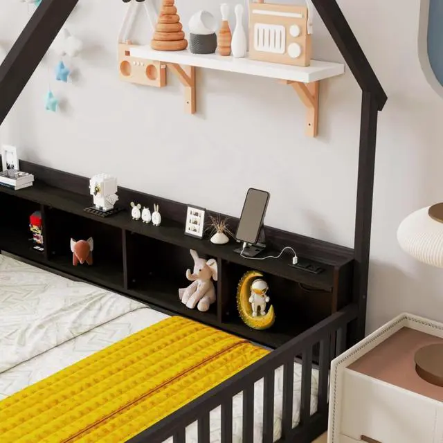 Alt view image 5 of 7 - Twin/Full Size House Floor Bed with Storage Shelves, Built-in LED Lights & Charging Station, Cabin Bed with Roof Design and Safety Guardrails for Boys Girls Bedroom Guest Playroom (Espresso Full)