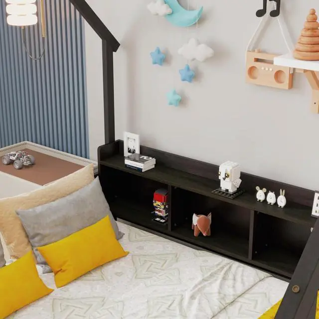 Alt view image 6 of 7 - Twin/Full Size House Floor Bed with Storage Shelves, Built-in LED Lights & Charging Station, Cabin Bed with Roof Design and Safety Guardrails for Boys Girls Bedroom Guest Playroom (Espresso Full)