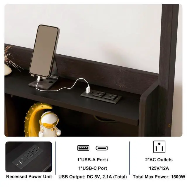 Alt view image 7 of 7 - Twin/Full Size House Floor Bed with Storage Shelves, Built-in LED Lights & Charging Station, Cabin Bed with Roof Design and Safety Guardrails for Boys Girls Bedroom Guest Playroom (Espresso Full)