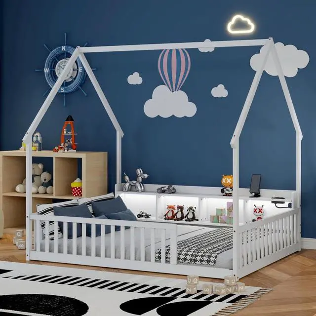 Alt view image 2 of 7 - Twin/Full Size House Floor Bed with Storage Shelves, Built-in LED Lights & Charging Station, Cabin Bed with Roof Design and Safety Guardrails for Boys Girls Bedroom Guest Playroom (White Full)