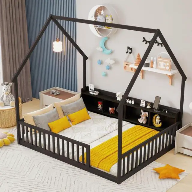 Alt view image 3 of 7 - Twin/Full Size House Floor Bed with Storage Shelves, Built-in LED Lights & Charging Station, Cabin Bed with Roof Design and Safety Guardrails for Boys Girls Bedroom Guest Playroom (Espresso Full)